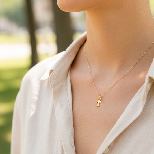 Cuello de modelo usando una cadena con un dije en forma de la letra T en oro amarillo de 18 quilates de Joyería Caracas.