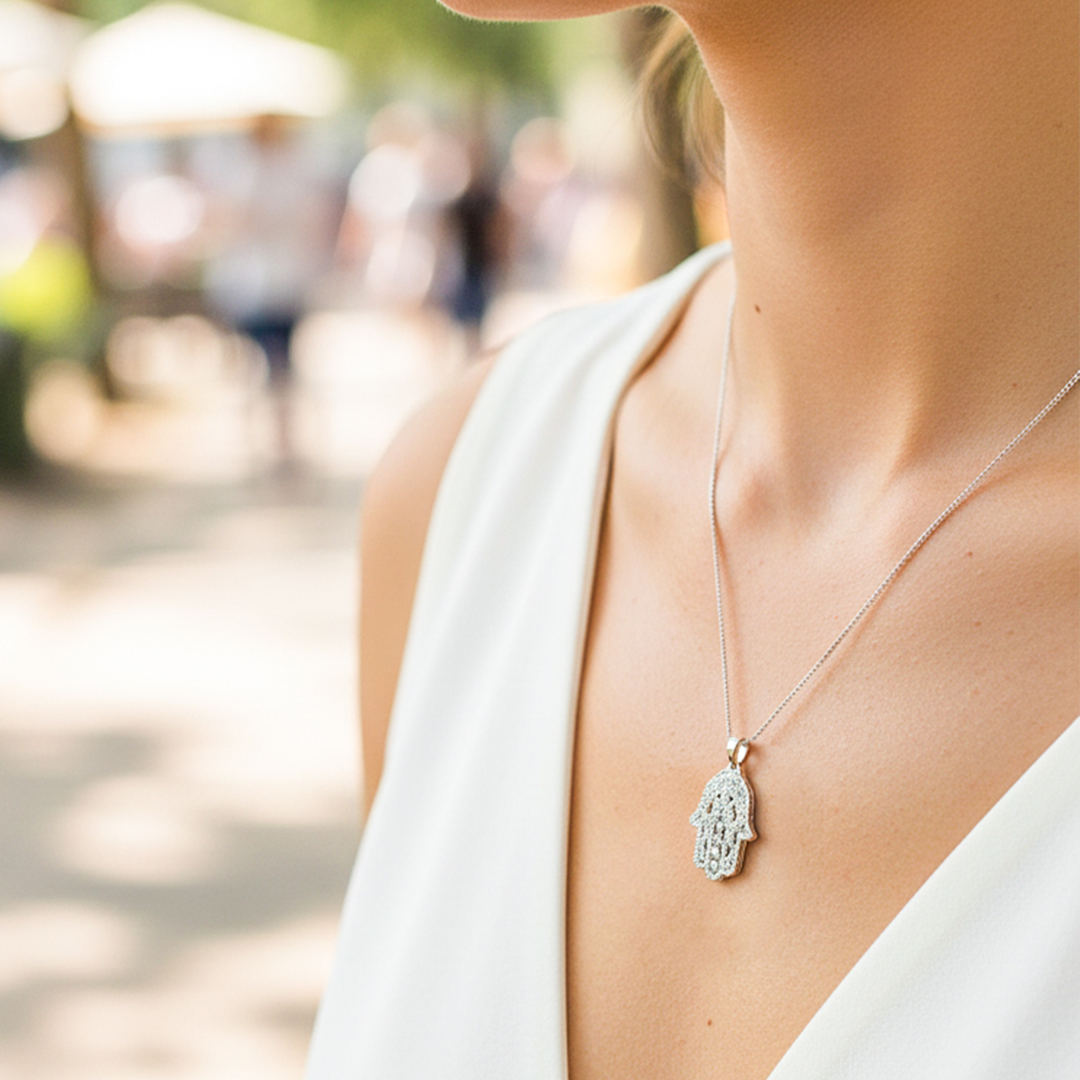 Cuello de modelo usando una cadena con un dije en forma de mano salvadora en oro blanco de 18 quilates con cristales de Joyería Caracas.