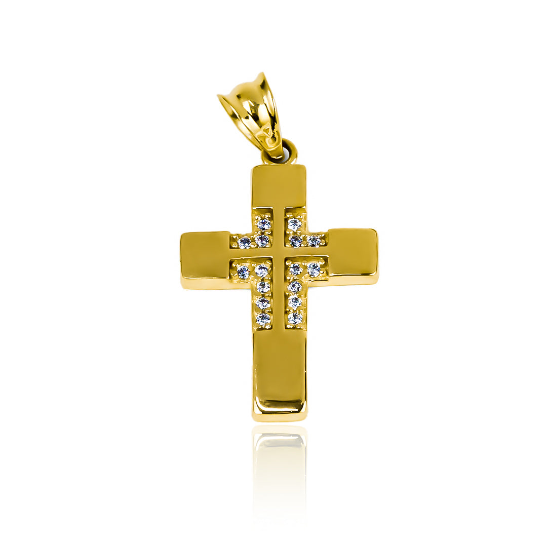 Dije cruz radiant I. Diseñado con oro 18k y elaborado por Joyería Caracas, cuenta con garantía de por vida. 