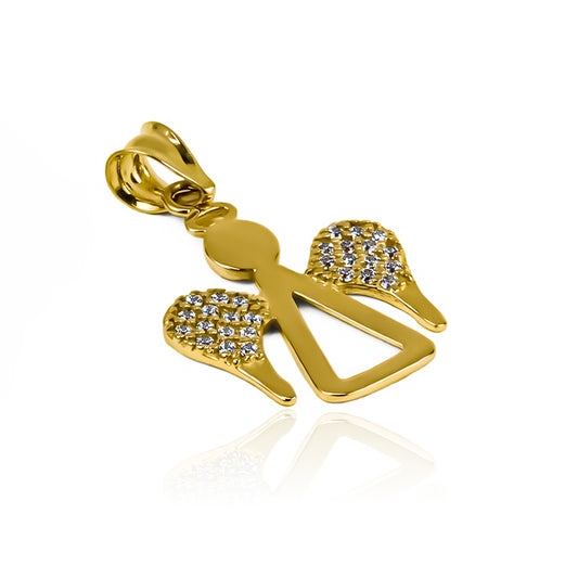 Dije ángel alas de cristal en oro 18k. Diseñado por Joyería Caracas, cuenta con garantía de por vida. 