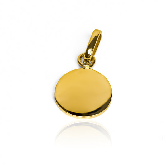 Dije placa redonda lisa elaborada en oro 18K por Joyería Caracas con garantía de por vida.