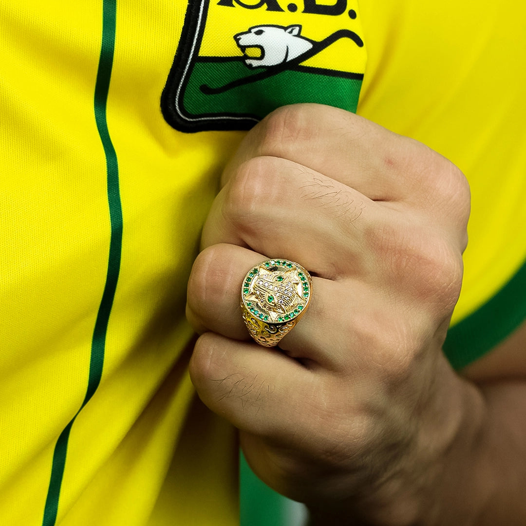 Mano de hombre usando anillo con forma de leopardo en el centro en oro amarillo de 18 quilates con cristales de color verde alrededor, hecho en Joyería Caracas. 