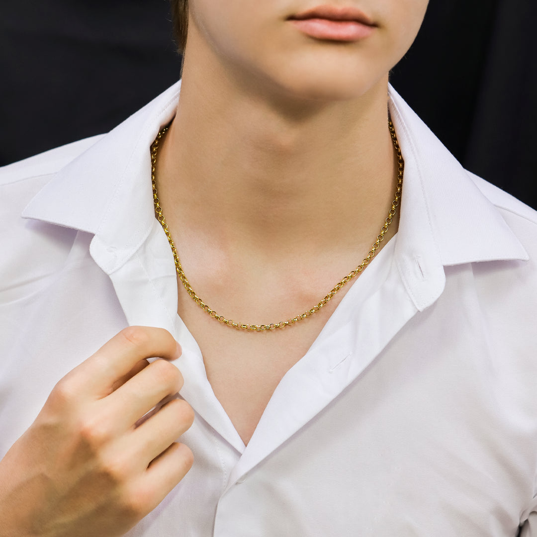 Cuello de hombre con cadena en tejido Rolón de 50 cm en oro amarillo de 18 quilates, hecho en Joyería Caracas. 