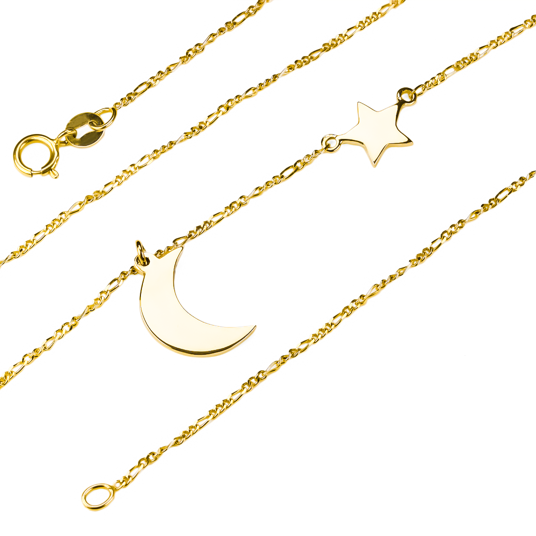 Gargantilla Luna y Estrella, fabricado en oro 18k por Joyería Caracas, cuenta con un certificado de calidad y garantía de por vida.