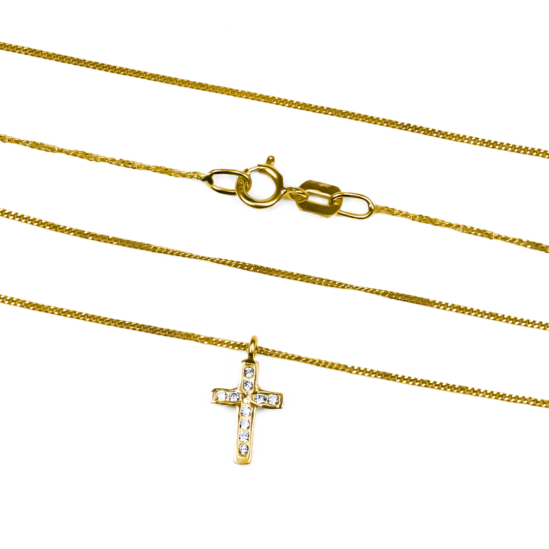 Gargantilla Cruz Mini Cubana, fabricado en oro 18K por Joyería Caracas, cuenta con un certificado de calidad y garantía de por vida.