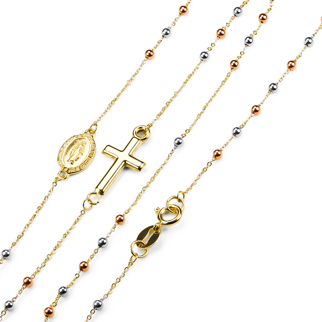 Gargantilla Denario Milagrosa Tres Oros 45 I, fabricada en Oro 18K por Joyería Caracas, cuenta con un certificado de calidad y garantía de por vida.