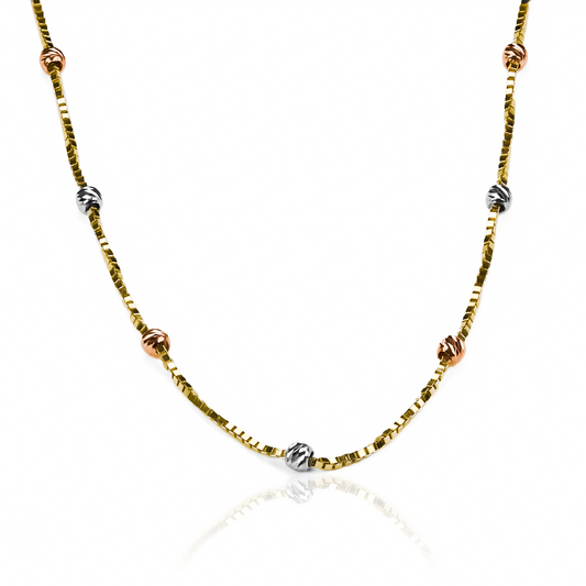 Gargantilla Veneciana Esferas Facetadas 3 Oros 45 I, fabricada en oro 18k por Joyería Caracas, cuenta con un certificado de calidad y garantía de por vida.