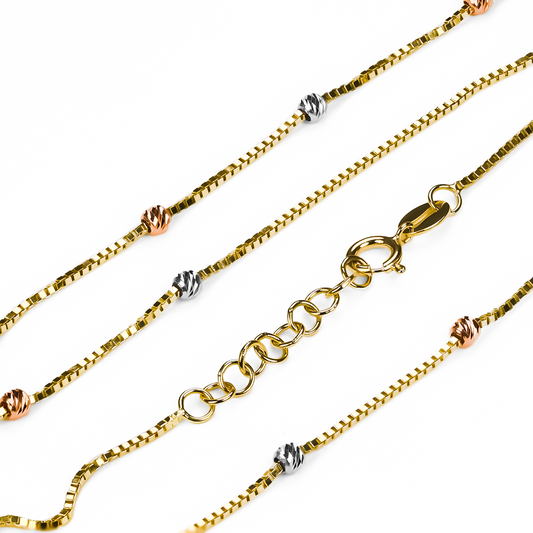 Gargantilla Veneciana Esferas Facetadas 3 Oros 45 I, fabricada en oro 18k por Joyería Caracas, cuenta con un certificado de calidad y garantía de por vida.