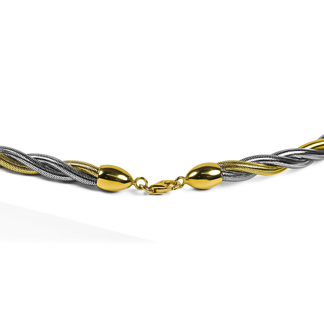 Gargantilla Resorte Bicolor, fabricado en oro 18K por Joyería Caracas, cuenta con un certificado de calidad y garantía de por vida.