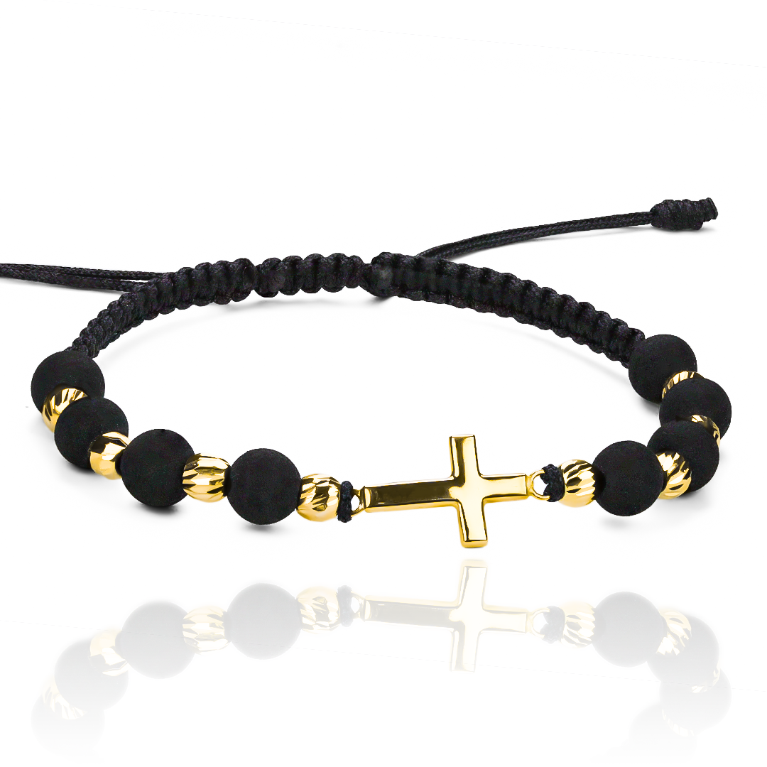 Pulsera Cruz L + Esferas #4 x 8 Facetadas de Joyería Caracas está hecha en oro 18k, con hilo coreano y bisutería de calidad. Con garantía de por vida y sin costo adicional.