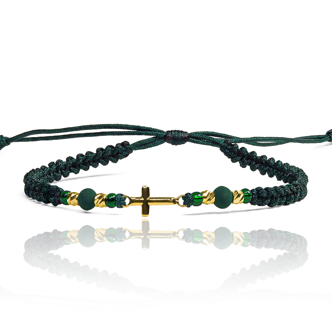 Pulsera Cruz L + Esferas #3 x4 de Joyería Caracas está hecha en oro 18k y presenta detalles en hilo coreano. Con garantía de por vida y bisutería de calidad sin costo adicional.