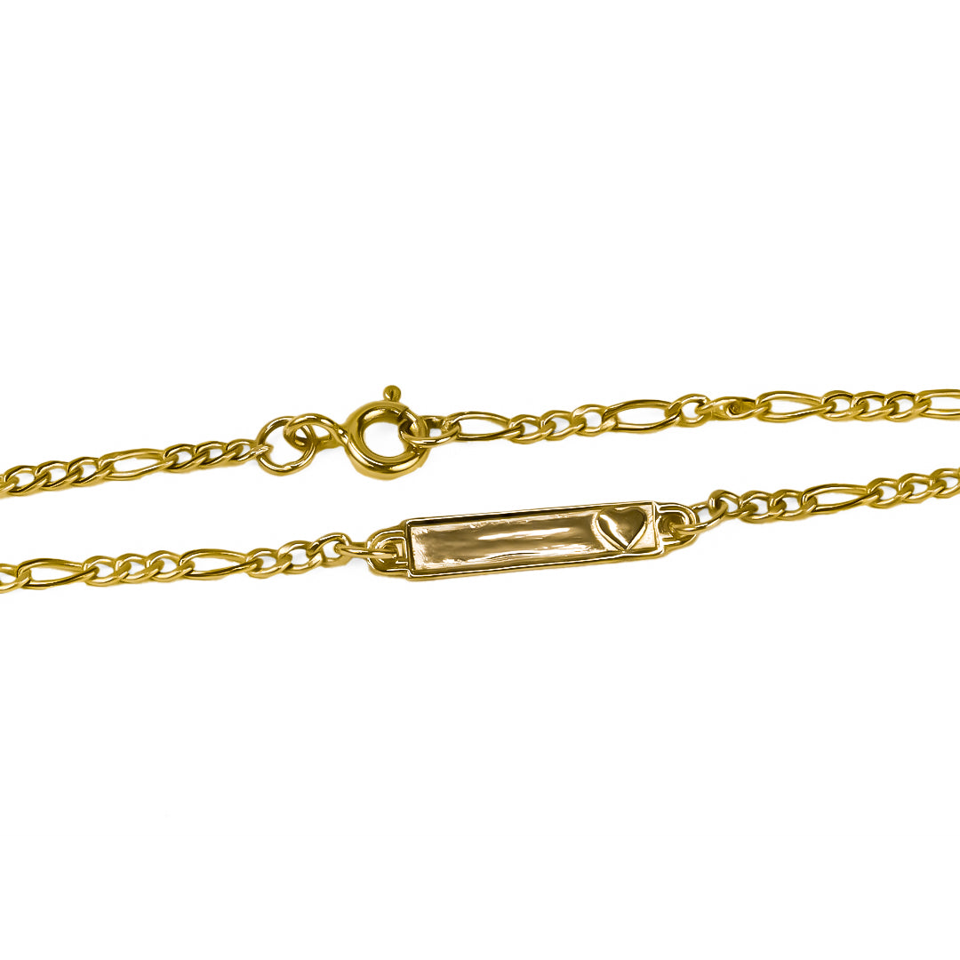 Pulsera esclava 3x1 con placa en forma de corazón alto, confeccionada en exquisito oro 18K por la reconocida Joyería Caracas. Además, cuenta con garantía de por vida.