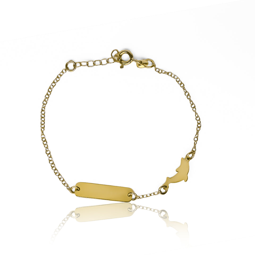 Pulsera bebe delfín elaborada en Oro 18K por Joyería Caracas, cuenta con certificado de calidad y garantía de por vida.