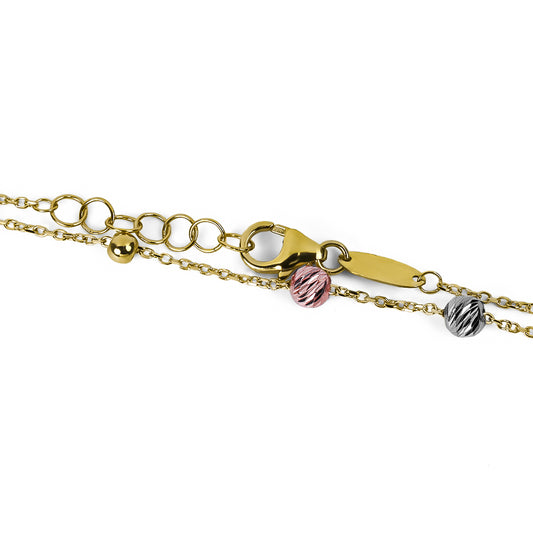 Pulsera faceted spheres 3 oros de Joyería Caracas. Confeccionada en oro 18K, esta pieza cuenta con un certificado de calidad y garantía de por vida.