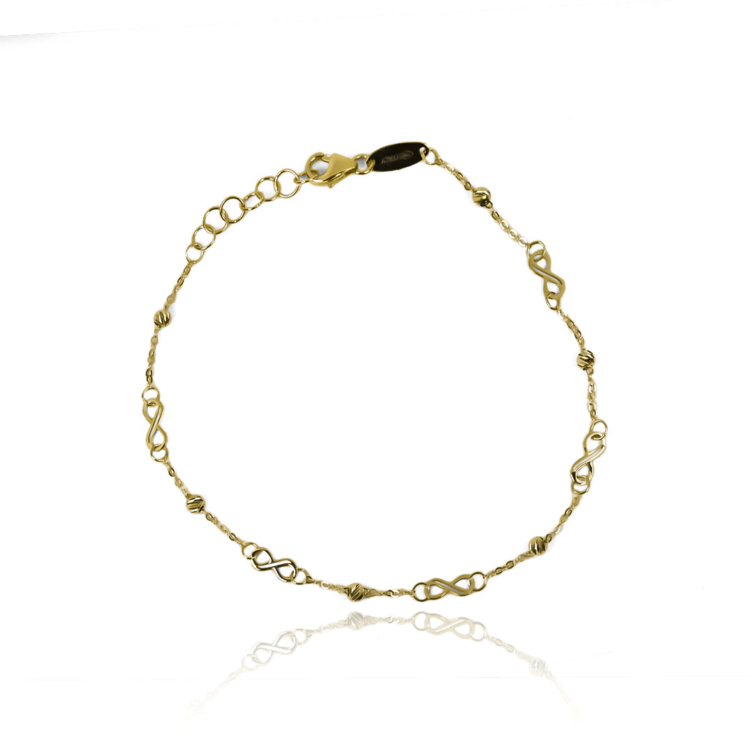 Pulsera infinity spheres fabricada en Oro 18K por Joyería Caracas. Cuenta con una garantía de por vida.