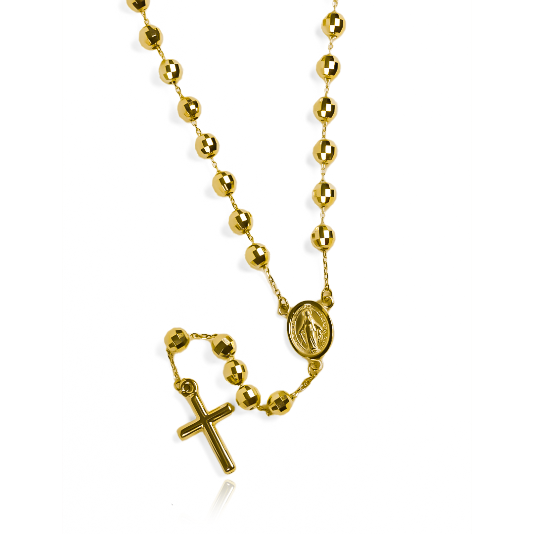 Rosario Diamantado L I, fabricado en oro 18K por Joyería Caracas, cuenta con un certificado de calidad y garantía de por vida.