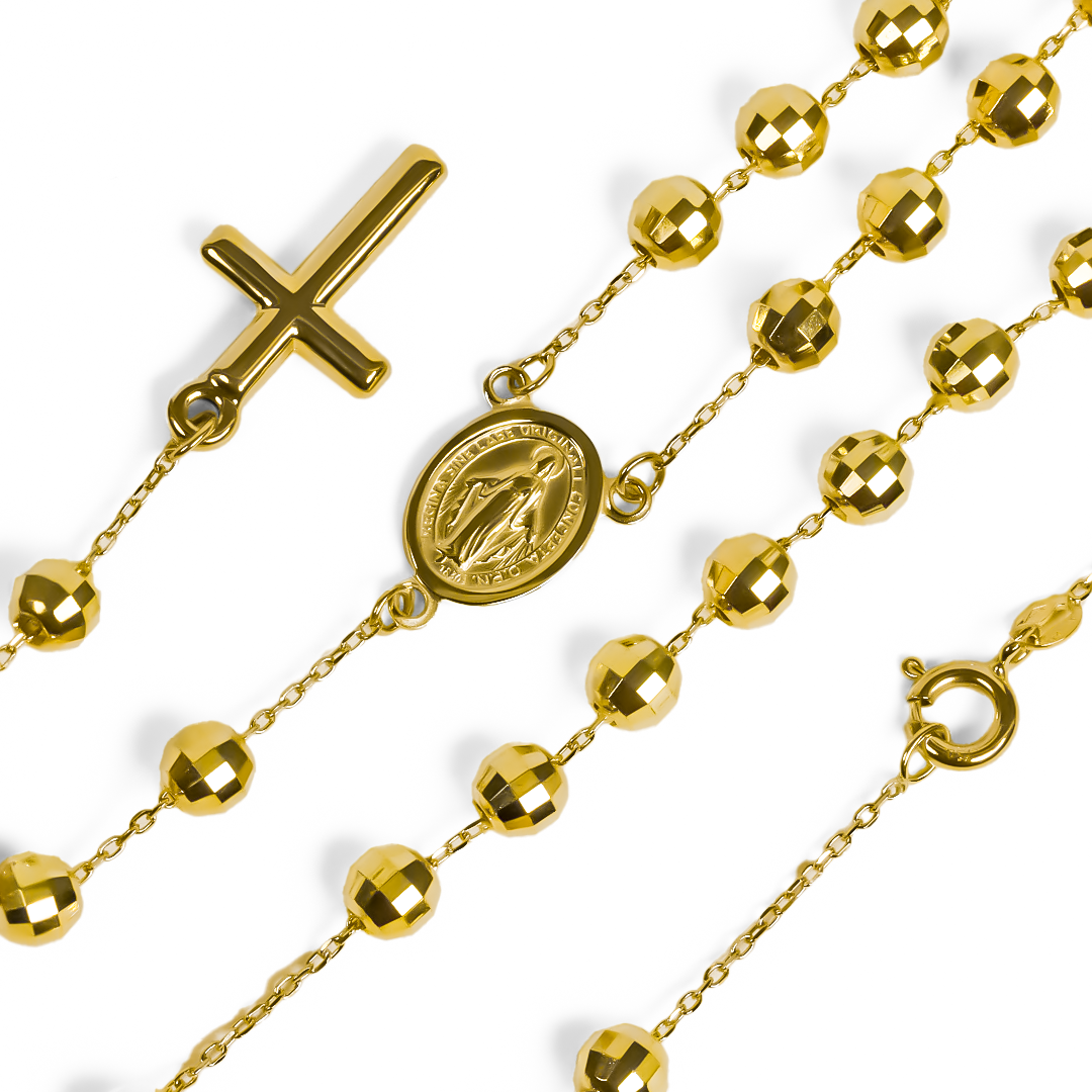 Rosario Diamantado L I, fabricado en oro 18K por Joyería Caracas, cuenta con un certificado de calidad y garantía de por vida.