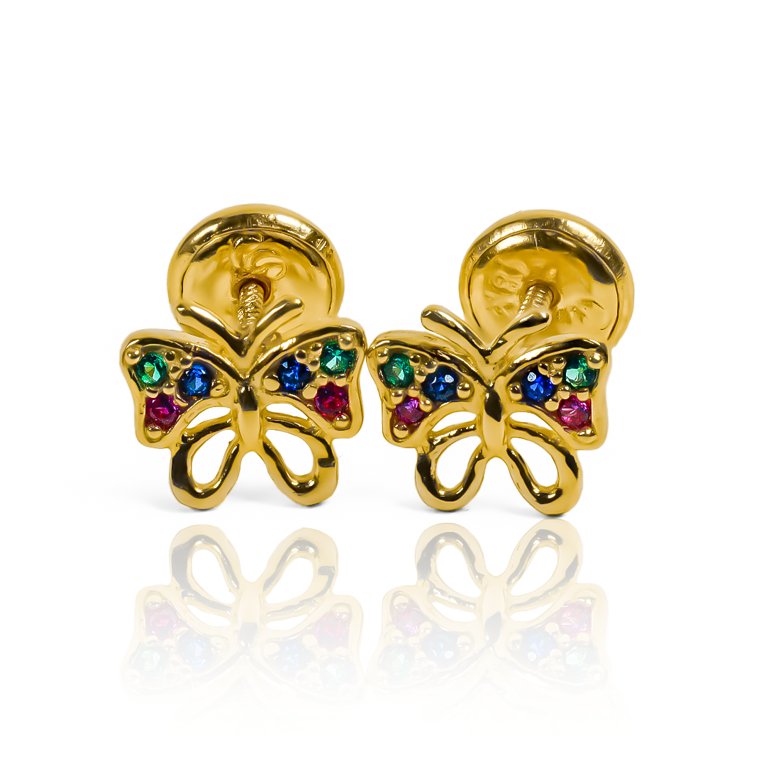 Mariposas multicolor Topitos con acabado en oro de 18K, creadas por Joyería Caracas con garantía de por vida. Agrega elegancia y exclusividad a cualquier atuendo con estas maravillosas piezas de arte. ¡Haz una inversión para toda la vida!