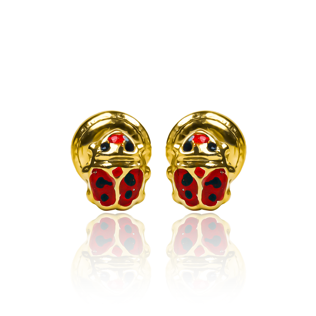 Topitos Ladybug M, fabricados en Oro 18K por Joyería Caracas, cuentan con certificado de calidad y garantía para toda la vida.