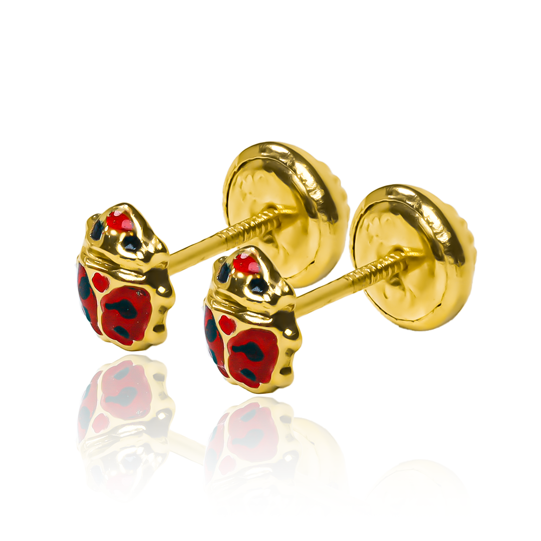 Topitos Ladybug M, fabricados en Oro 18K por Joyería Caracas, cuentan con certificado de calidad y garantía para toda la vida.