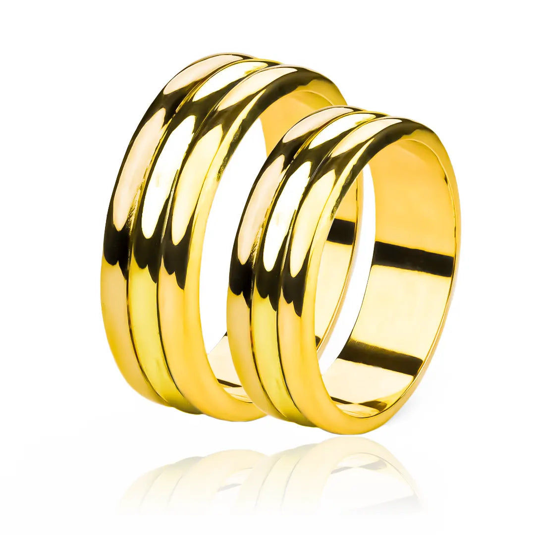Argollas de matrimonio Trik 3 Oros, elaboradas en oro 18k por Joyería Caracas, cuenta con certificado de calidad y garantía de por vida.