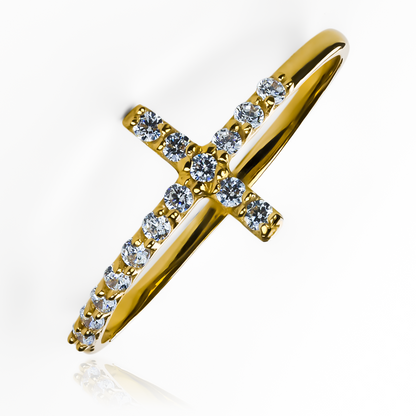 Anillo cruz cristal, elaborado en Joyería Caracas y bañado en oro 18k. Nuestro diseño exclusivo y la garantía de por vida.