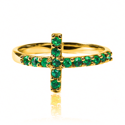 Anillo cruz cristal L verde de Joyería Caracas. Confeccionado en oro 18k y con garantía para toda la vida.