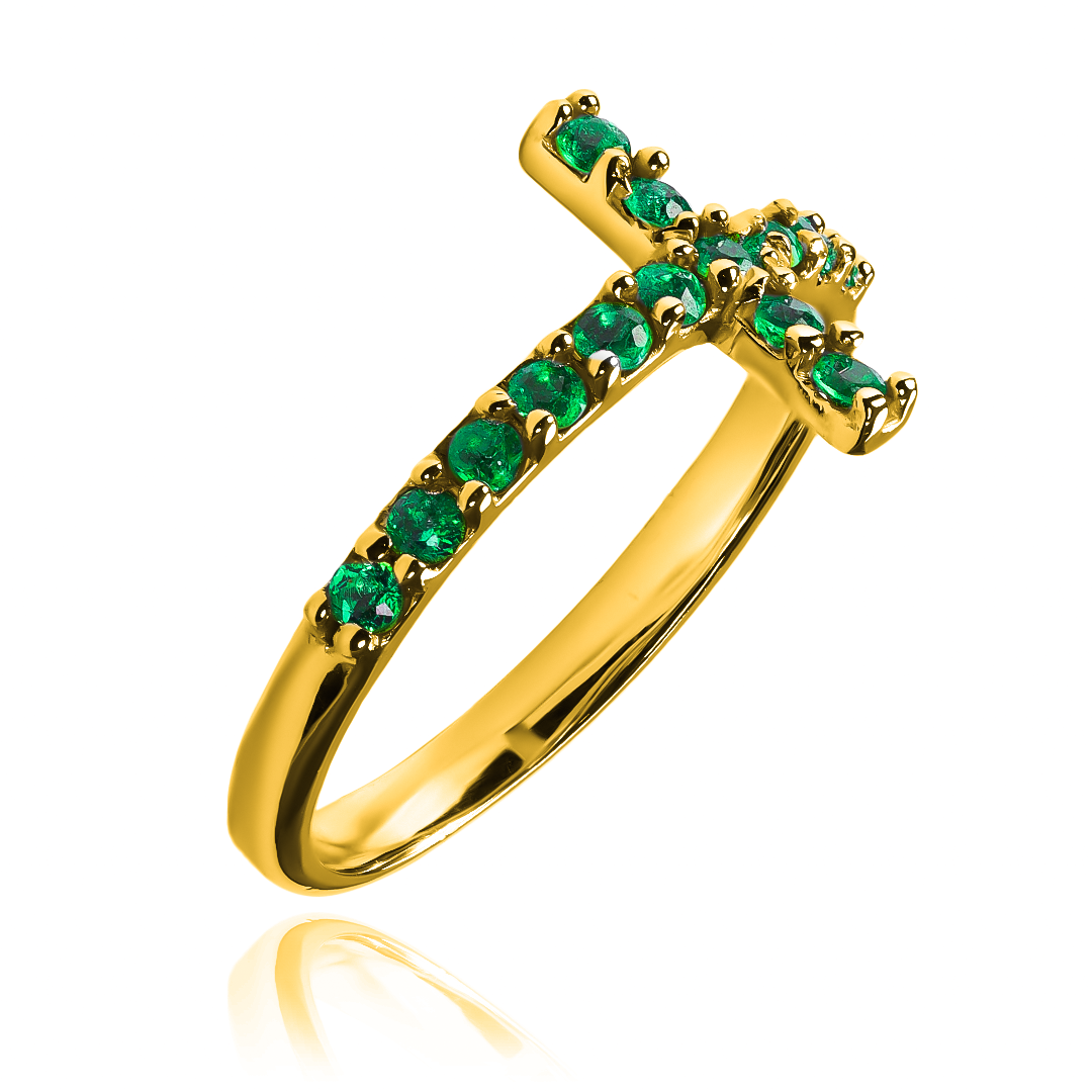 Anillo cruz cristal L verde de Joyería Caracas. Confeccionado en oro 18k y con garantía para toda la vida.