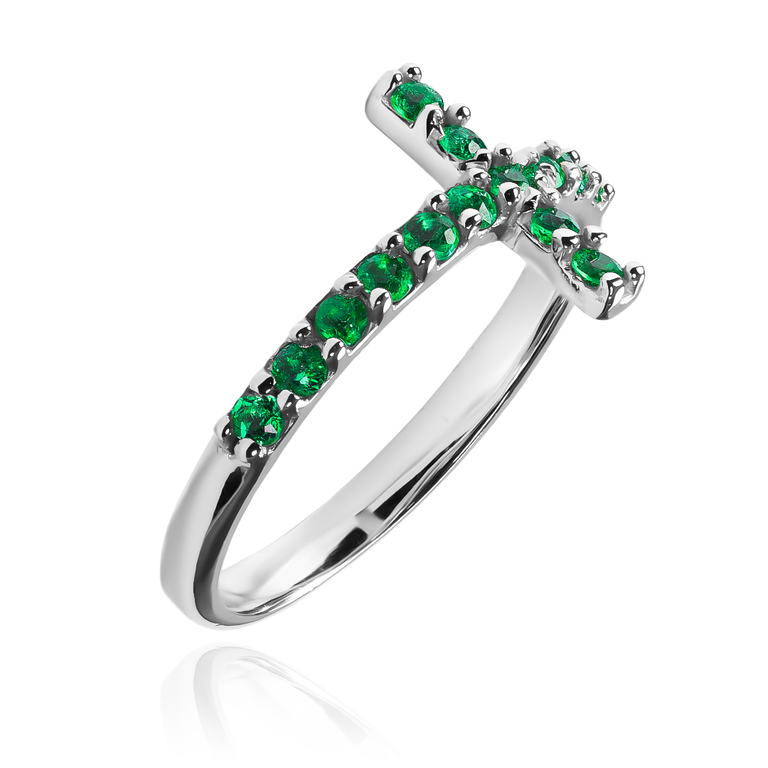 Anillo cruz cristal L verde de Joyería Caracas. Confeccionado en oro 18k y con garantía para toda la vida.
