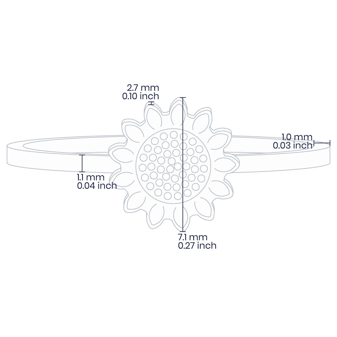 Croquis de anillo con forma de girasol en el centro de 7.1mm en oro amarillo de 18 quilates, hecho en Joyería Caracas.