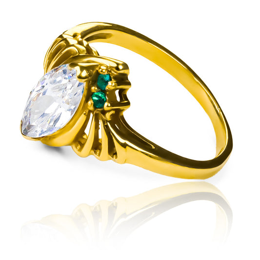 Anillo Marquise Esmeraldas de Joyería Caracas. Fabricado en oro 18k, cuenta con acabados de lujo y un diseño exclusivo en forma de marquesa con brillantes esmeraldas. Con garantía para toda la vida.
