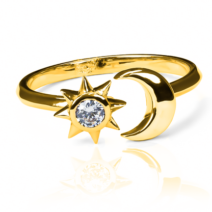 Anillo Sol y Luna, fabricado en oro 18k por Joyería Caracas, cuenta con certificado de calidad y garantía de por vida.
