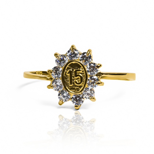 Anillo 15 Mp, fabricado en oro 18k por Joyería Caracas, cuenta con certificado de calidad y garantía de por vida.
