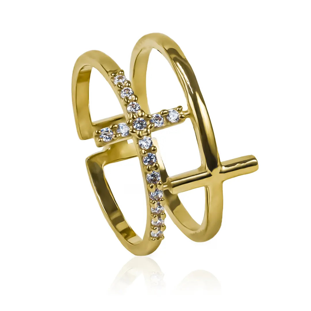 Anillo doble cruz en oro de 18k, fabricado por la Joyería Caracas, cuenta con garantía de por vida. 