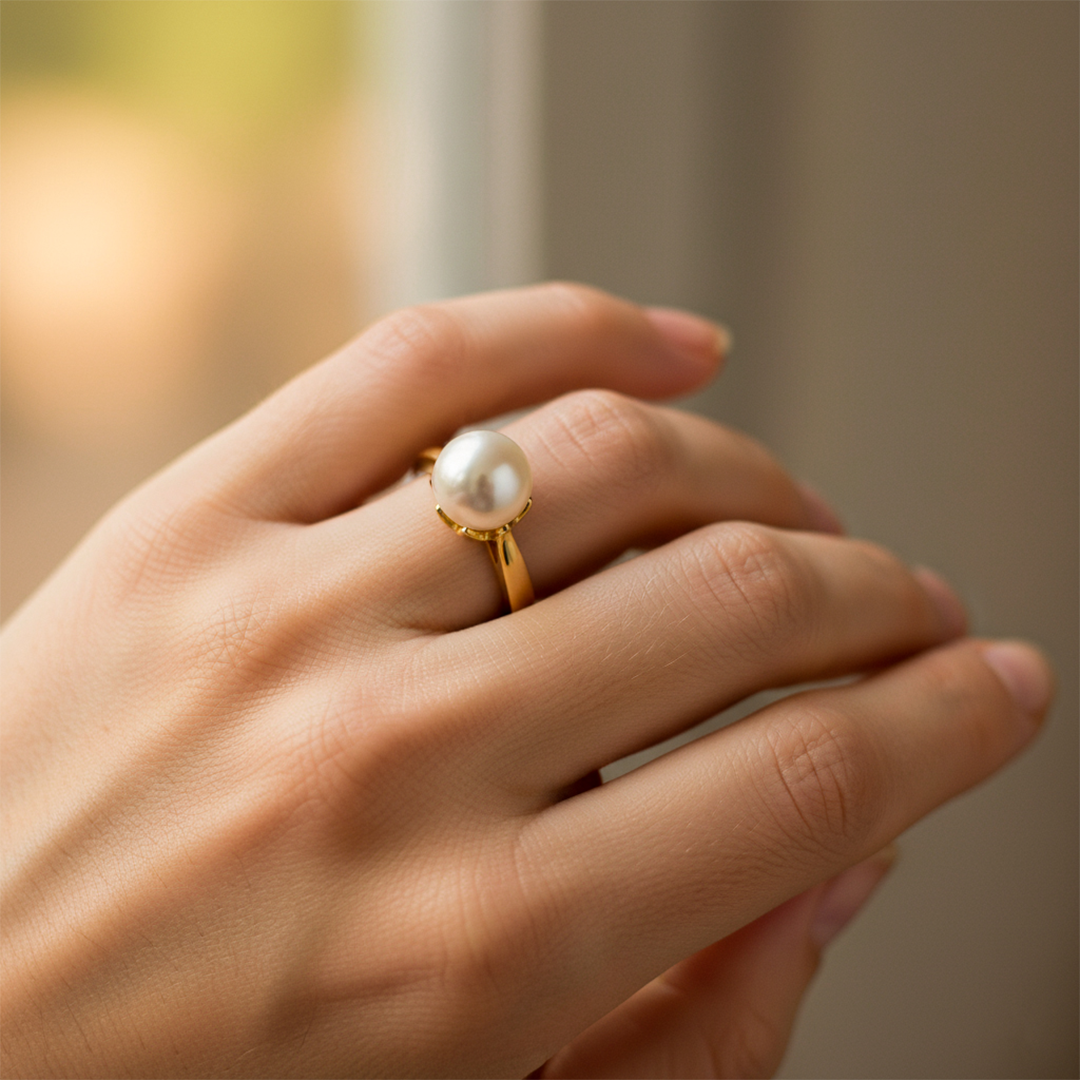 Mano de mujer usando un anillo en oro amarillo de 18 quilates con perla redonda natural de Joyería Caracas. 