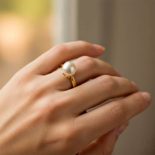 Mano de mujer usando un anillo en oro amarillo de 18 quilates con perla redonda natural de Joyería Caracas. 