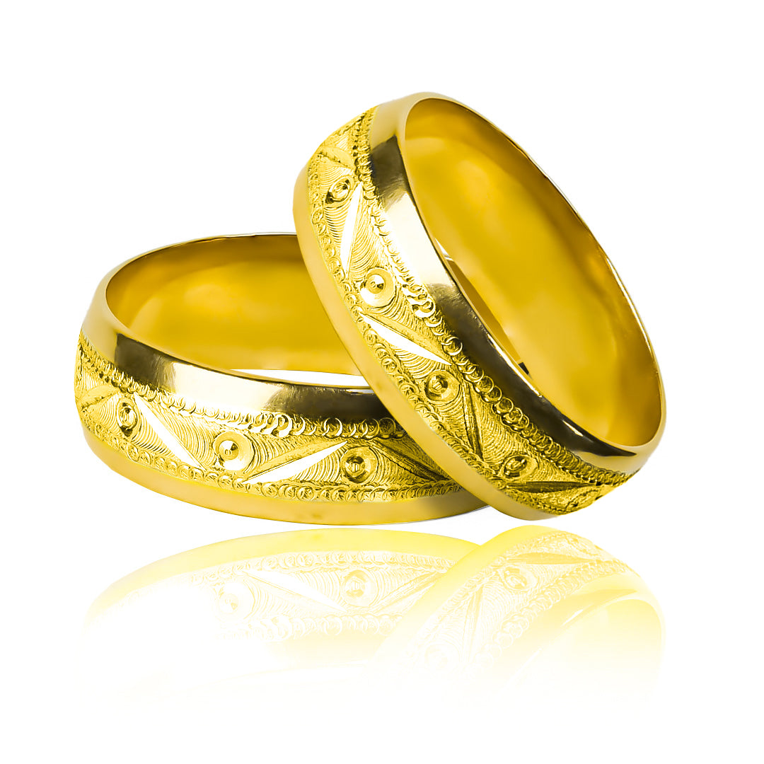 Argollas de matrimonio Facetada Bicolor, elaboradas en oro 18 quilates de Joyería Caracas, cuentan con certificado y garantía de por vida.