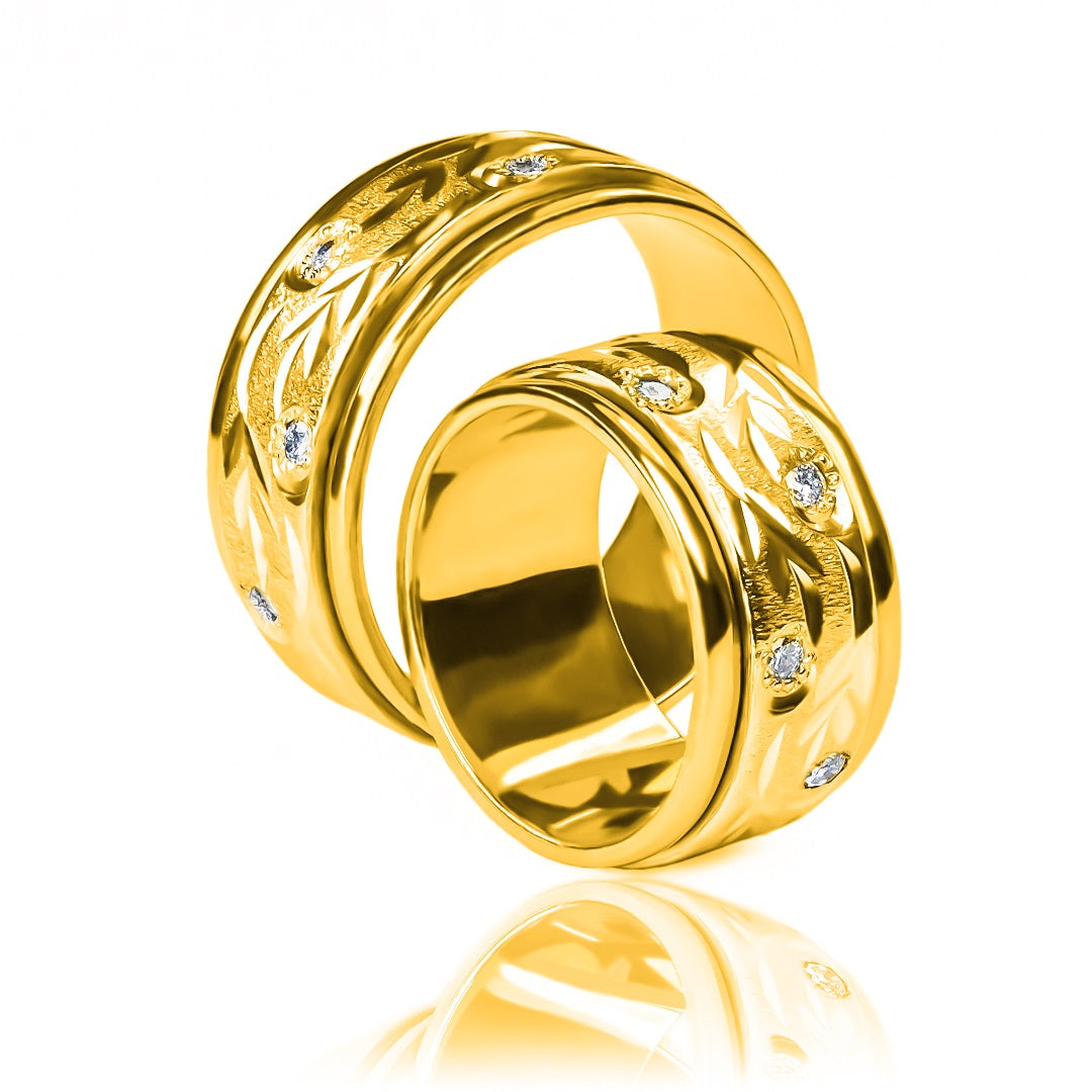 Argollas de matrimonio Amazonas Cristal XL, elaboradas en oro 18k de Joyería Caracas. Cada argolla viene con un certificado de autenticidad y garantía de por vida.