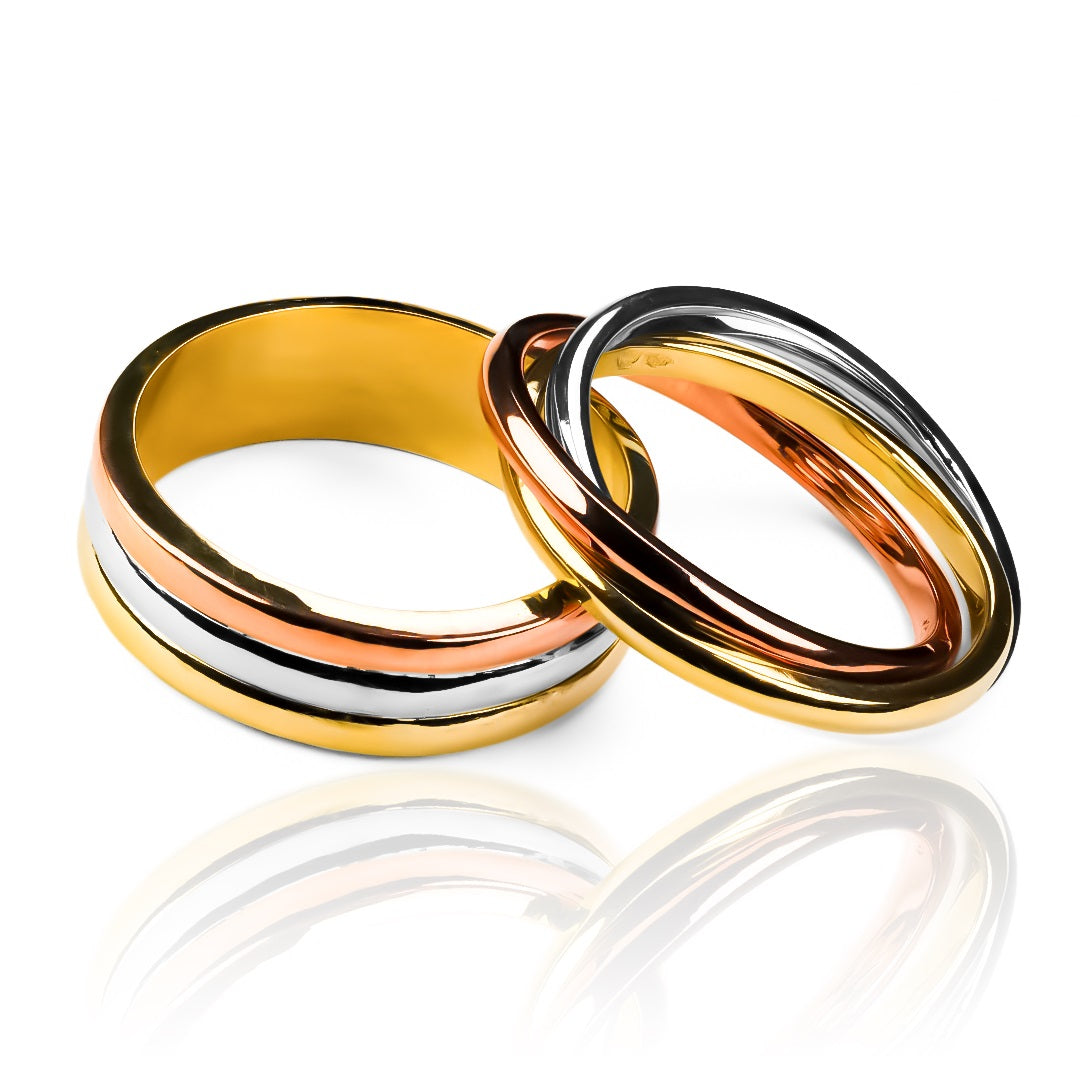 Argollas de matrimonio gemelas cartier + special line 3 oros, fabricadas en oro 18k de Joyería Caracas, cuentan con un certificado de calidad que garantiza su autenticidad y durabilidad de por vida.