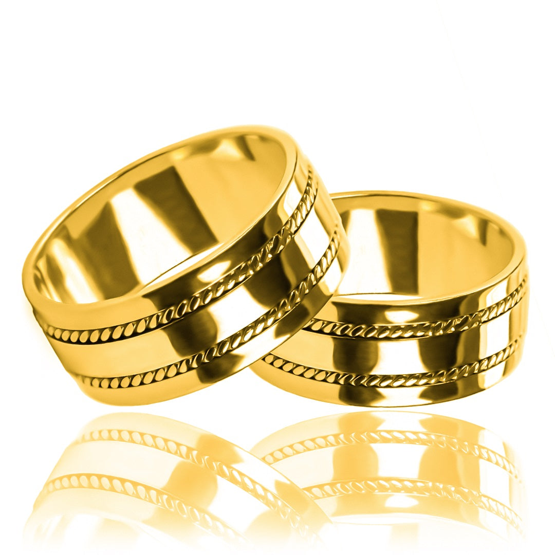 Argollas de matrimonio lazos de amor plane, elaboradas en oro 18k de Joyería Caracas, cada una cuenta con certificado de calidad y garantía de por vida.