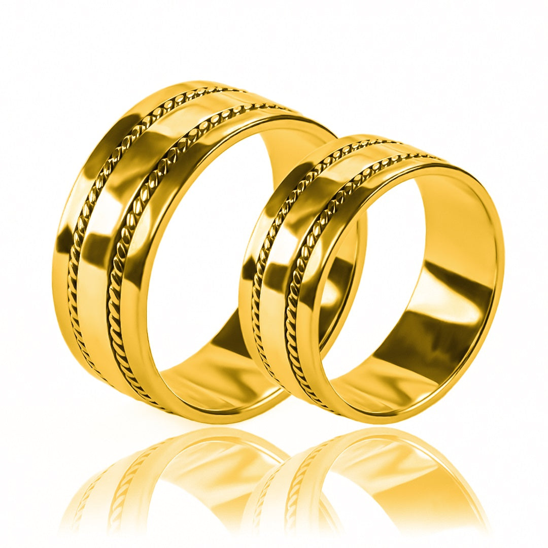 Argollas de matrimonio lazos de amor plane, elaboradas en oro 18k de Joyería Caracas, cada una cuenta con certificado de calidad y garantía de por vida.