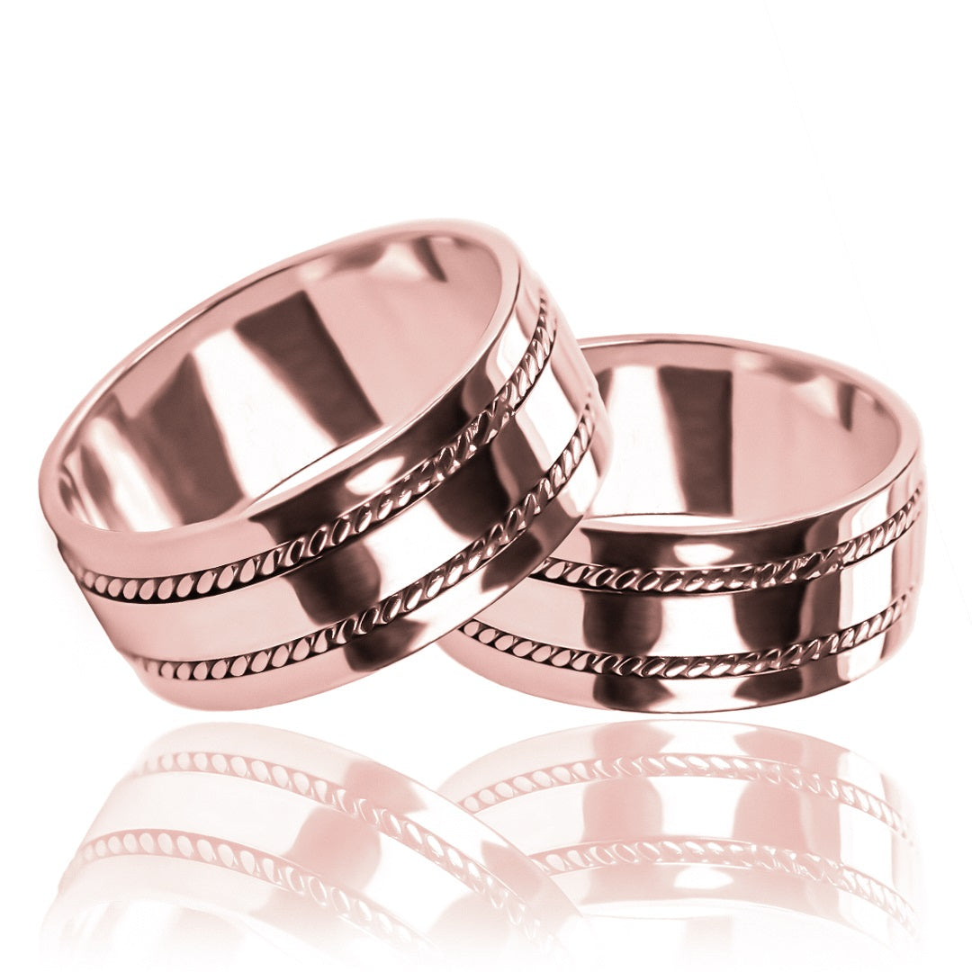 Argollas de matrimonio lazos de amor plane, elaboradas en oro 18k de Joyería Caracas, cada una cuenta con certificado de calidad y garantía de por vida.