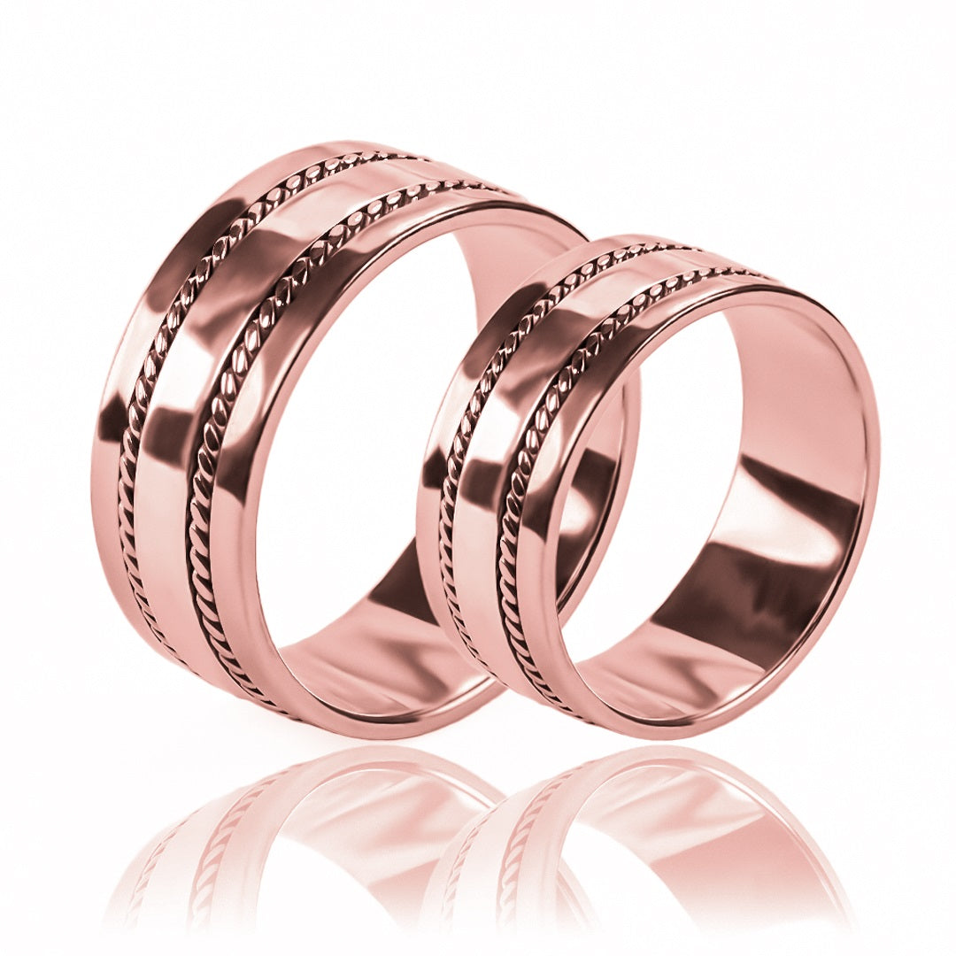 Argollas de matrimonio lazos de amor plane, elaboradas en oro 18k de Joyería Caracas, cada una cuenta con certificado de calidad y garantía de por vida.