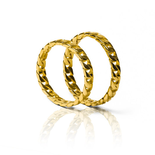 Argollas de matrimonio Love Chains, fabricadas en oro 18k por Joyería Caracas, viene con certificado de autenticidad y garantía de por vida.