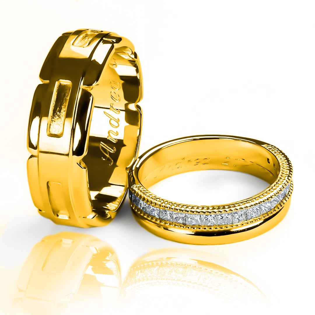Argollas de matrimonio Princess Inlove, fabricadas en oro 18k de Joyería Caracas, cuentan con certificado de calidad y garantía para toda la vida.