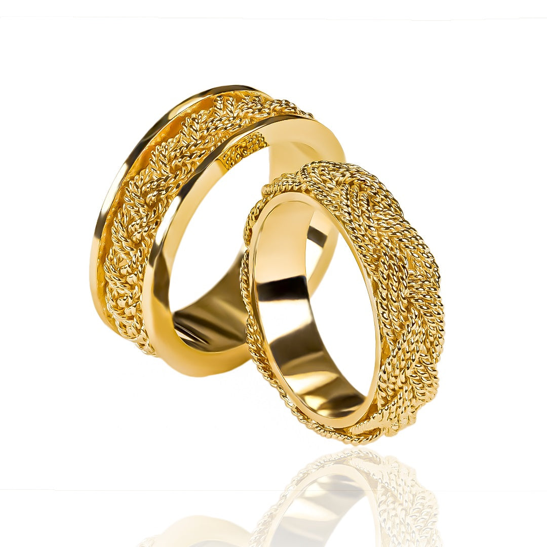 Argollas de matrimonio rapunzel inspired fabricados en oro 18k de Joyería Caracas, cuentan con un certificado de calidad y garantía para toda la vida.