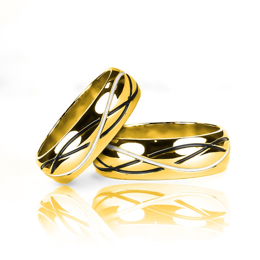 Argollas de matrimonio Yin Yang, elaboradas en oro 18k por Joyería Caracas, cuenta con certificado de calidad y garantía de por vida.