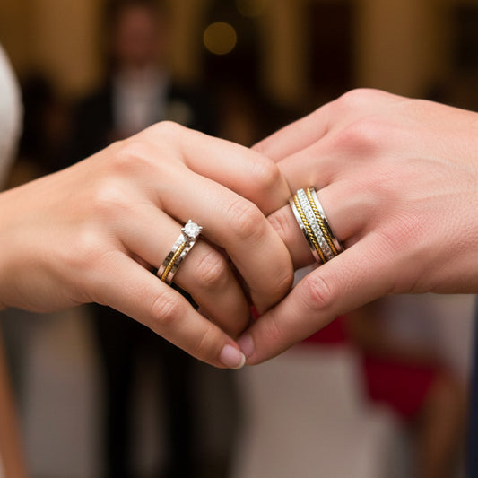 Mano de pareja usando unas argollas de matrimonio en oro blanco y amarillo de 18 quilates con cristales de Joyería Caracas.