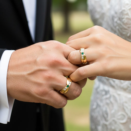 Mano de pareja usando unas argollas de matrimonio en oro amarillo de 18 quilates de Joyería Caracas. 
