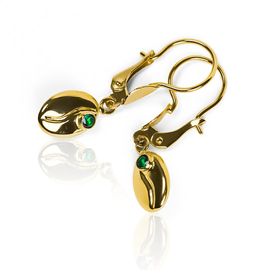 Aretes Grano de café elaborados en oro de 18k por Joyería Caracas, cuenta con una garantía para toda la vida.